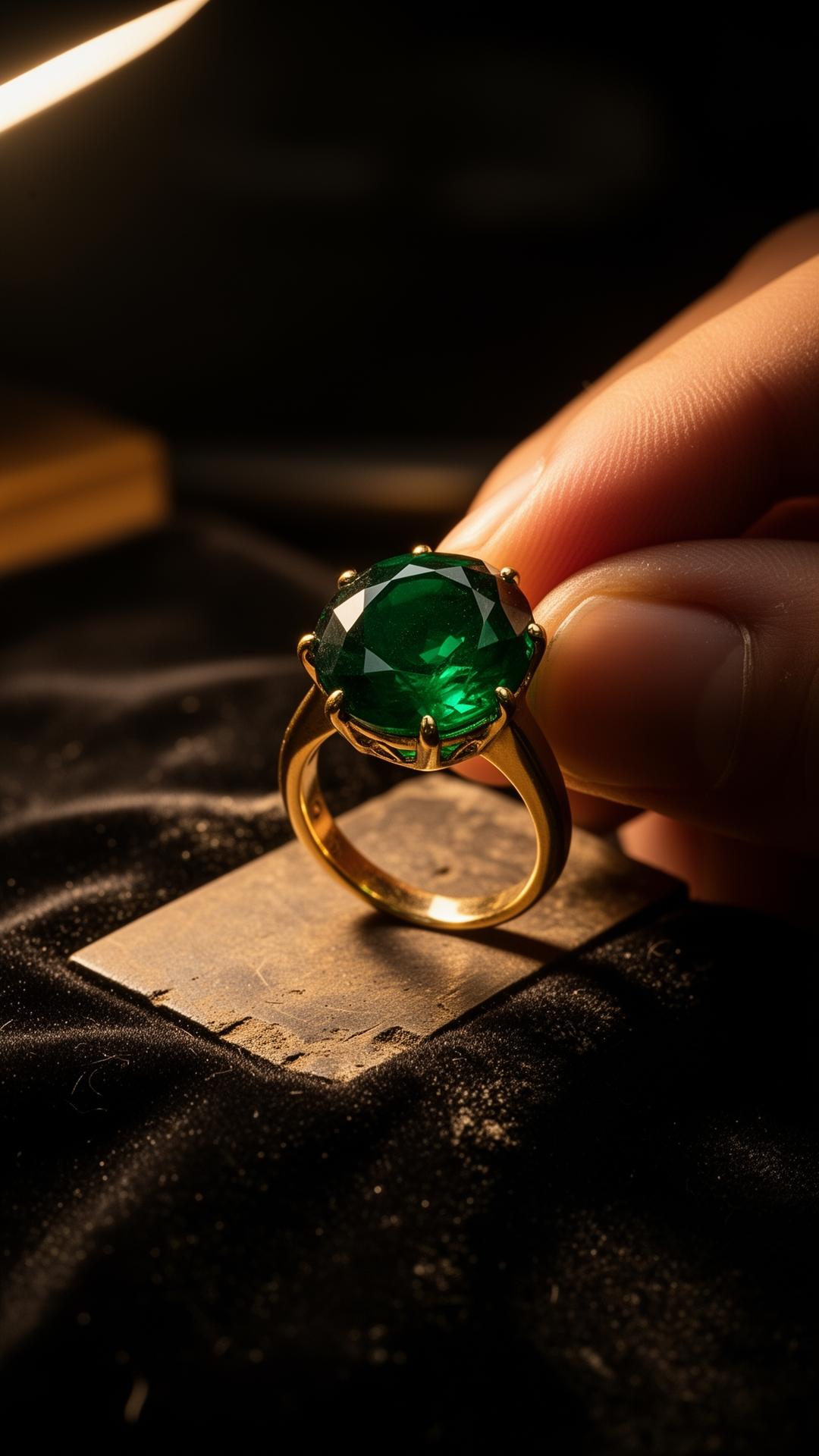 Emerald set by hand into a gold mount.
